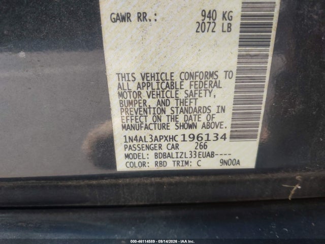 Продажа на аукционе авто 2017 Nissan Altima 2.5 Sv, vin: 1N4AL3APXHC196134, номер лота: 46114589