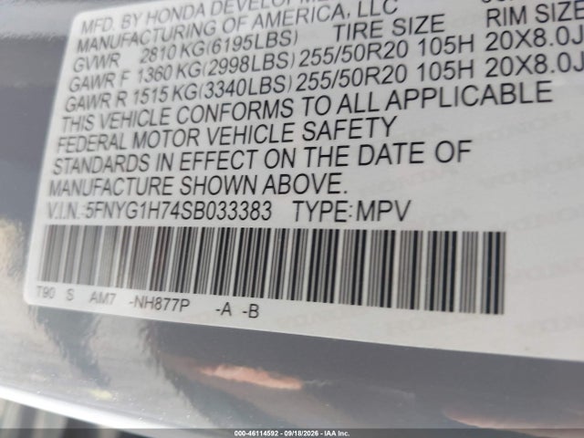Aukcja sprzedaży 2025 Honda Pilot Touring, vin: 5FNYG1H74SB033383, numer aukcji: 46114592