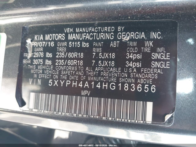 Aukcja sprzedaży 2017 Kia Sorento 2.0t Ex, vin: 5XYPH4A14HG183656, numer aukcji: 46114602