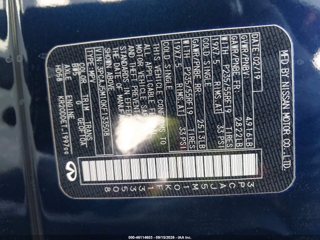 Auction sale of the 2019 Infiniti Qx50 Luxe, vin: 3PCAJ5M10KF133508, lot number: 46114603