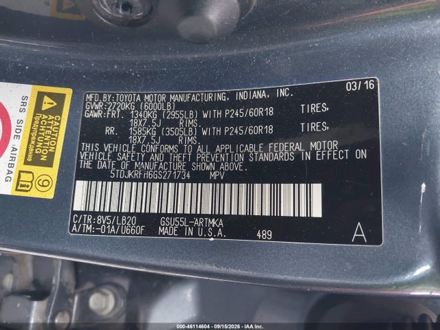5TDJKRFH6GS271734 Toyota Highlander Xle V6