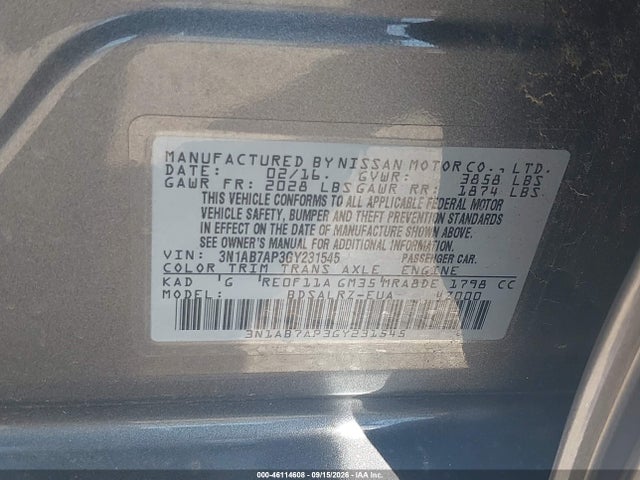 Продажа на аукционе авто 2016 Nissan Sentra Sr, vin: 3N1AB7AP3GY231545, номер лота: 46114608