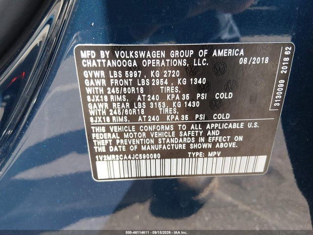 Aukcja sprzedaży 2018 Volkswagen Atlas 3.6l V6 Sel, vin: 1V2MR2CA4JC590080, numer aukcji: 46114611