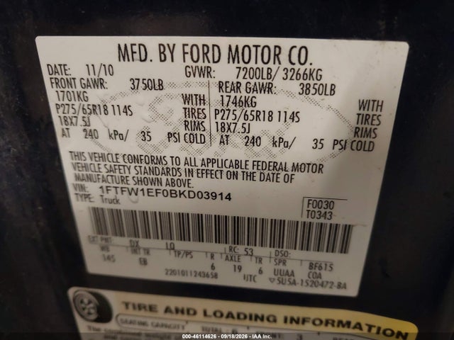 Продажа на аукционе авто 2011 Ford F-150 Lariat, vin: 1FTFW1EF0BKD03914, номер лота: 46114626
