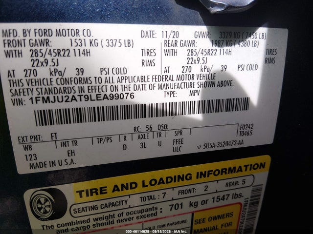 Продаж на аукціоні авто 2020 Ford Expedition Limited, vin: 1FMJU2AT9LEA99076, номер лоту: 46114629
