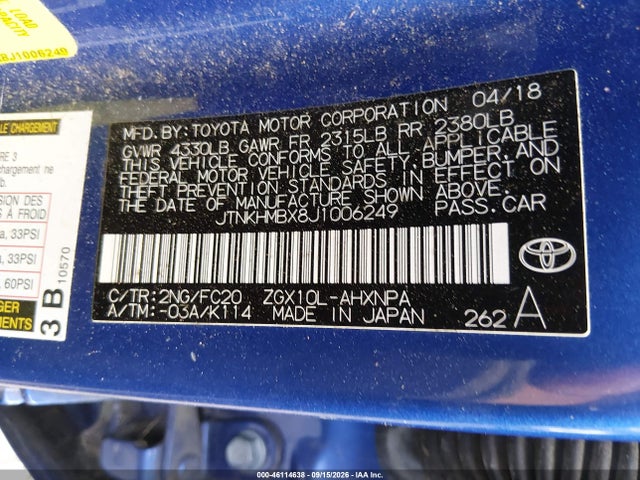 2018 Toyota C-hr Xle Premium მანქანა იყიდება აუქციონზე, vin: JTNKHMBX8J1006249, აუქციონის ნომერი: 46114638