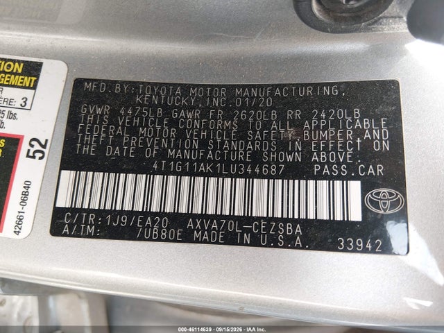 2020 Toyota Camry Se მანქანა იყიდება აუქციონზე, vin: 4T1G11AK1LU344687, აუქციონის ნომერი: 46114639