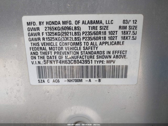 Продаж на аукціоні авто 2012 Honda Pilot Ex-l, vin: 5FNYF4H63CB043951, номер лоту: 46114643