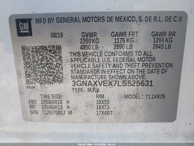 2020 Chevrolet Equinox Awd Lt 2.0l Turbo მანქანა იყიდება აუქციონზე, vin: 3GNAXVEX7LS525631, აუქციონის ნომერი: 46114648