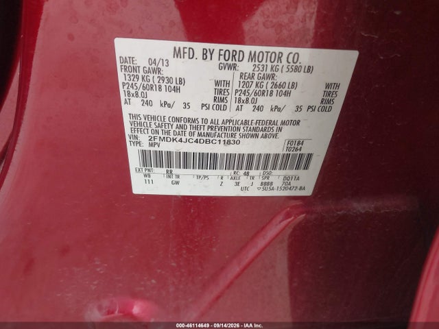2013 Ford Edge Sel მანქანა იყიდება აუქციონზე, vin: 2FMDK4JC4DBC11830, აუქციონის ნომერი: 46114649