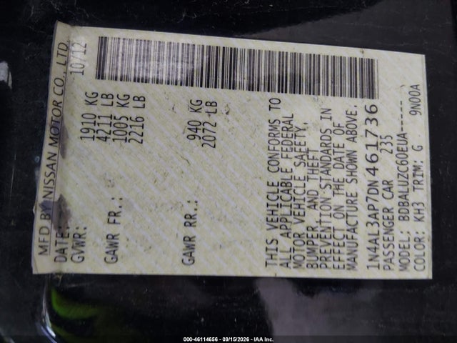 46114656 :رقم المزاد ، 1N4AL3AP7DN461736 vin ، 2013 Nissan Altima 2.5 Sv مزاد بيع