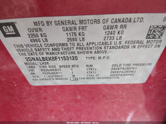 Chevrolet EQUINOX 1LT 2015 2GNALBEK8F1153120 Image 9