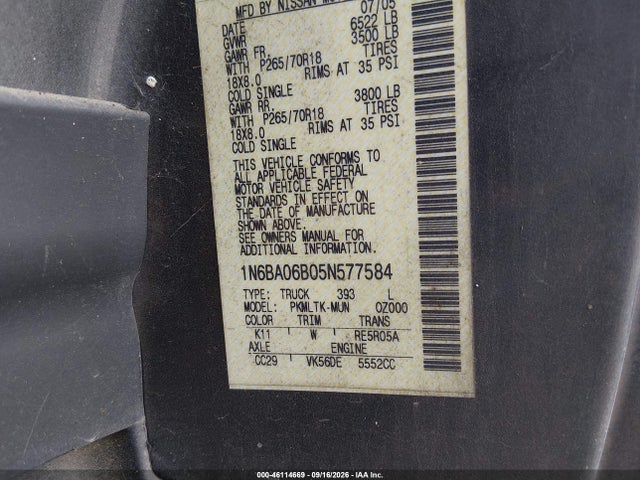Продаж на аукціоні авто 2005 Nissan Titan Se, vin: 1N6BA06B05N577584, номер лоту: 46114669