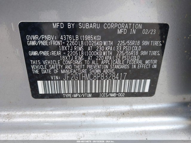46114678 :رقم المزاد ، JF2GTHMC8P8328417 vin ، 2023 Subaru Crosstrek Limited مزاد بيع