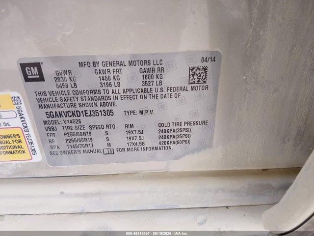 46114697 :رقم المزاد ، 5GAKVCKD1EJ351305 vin ، 2014 Buick Enclave Premium مزاد بيع