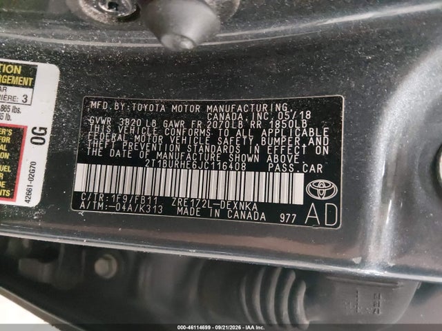 46114699 :رقم المزاد ، 2T1BURHE6JC116408 vin ، 2018 Toyota Corolla Le مزاد بيع