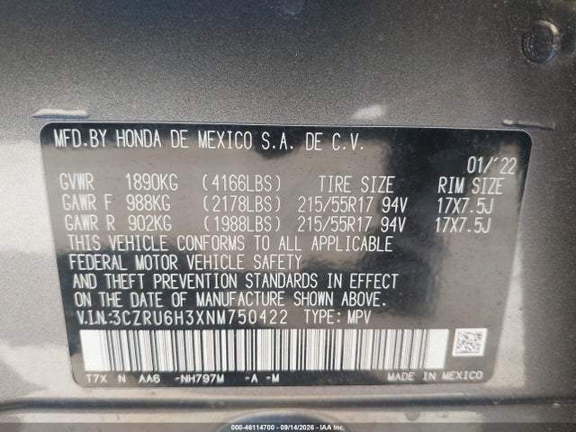 Продаж на аукціоні авто 2022 Honda Hr-v Awd Lx, vin: 3CZRU6H3XNM750422, номер лоту: 46114700