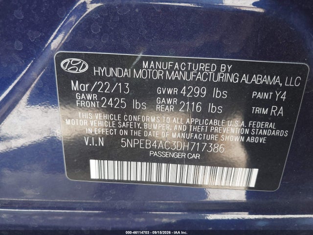 2013 Hyundai Sonata Gls მანქანა იყიდება აუქციონზე, vin: 5NPEB4AC3DH717386, აუქციონის ნომერი: 46114703
