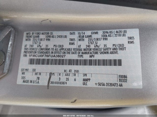 Продаж на аукціоні авто 2015 Ford Escape S, vin: 1FMCU0F76FUA38027, номер лоту: 46114706