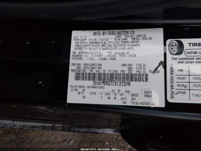 46114713 :رقم المزاد ، 3FAHP0HA7CR122358 vin ، 2012 Ford Fusion Se مزاد بيع
