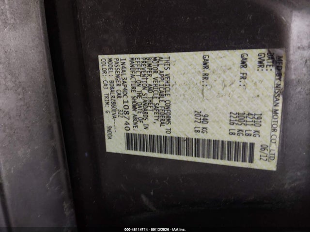 46114714 :رقم المزاد ، 1N4AL3AP4DC108740 vin ، 2013 Nissan Altima 2.5 S مزاد بيع