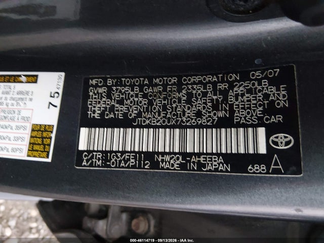 46114719 :رقم المزاد ، JTDKB20UX73269827 vin ، 2007 Toyota Prius مزاد بيع
