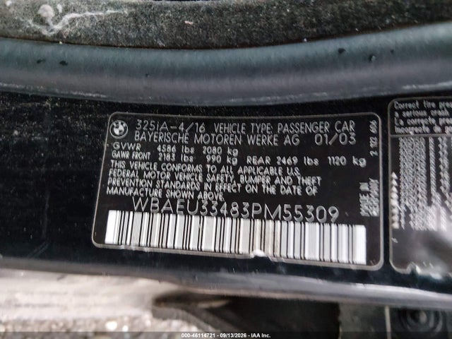 2003 Bmw 325xi მანქანა იყიდება აუქციონზე, vin: WBAEU33483PM55309, აუქციონის ნომერი: 46114721