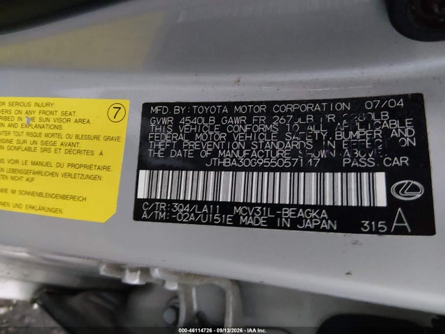 46114726 :رقم المزاد ، JTHBA30G955057147 vin ، 2005 Lexus Es 330 مزاد بيع