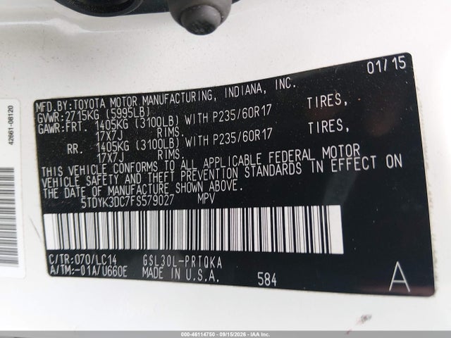 5TDYK3DC7FS579027 Toyota Sienna Xle Premium 8 Passenger