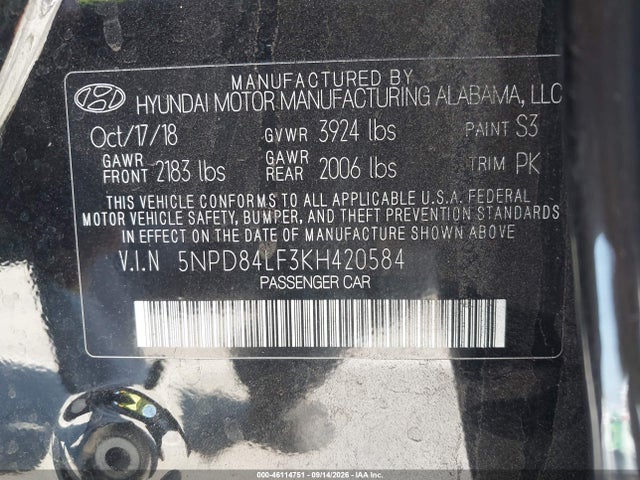5NPD84LF3KH420584 Hyundai Elantra Limited