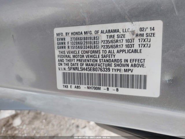2014 Honda Odyssey Ex მანქანა იყიდება აუქციონზე, vin: 5FNRL5H45EB076339, აუქციონის ნომერი: 46114752