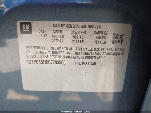 Aukcja sprzedaży 2012 Chevrolet Cruze Ls, vin: 1G1PC5SH6C7293560, numer aukcji: 46114759