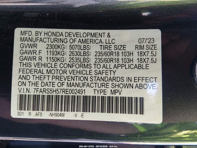 46114762 :رقم المزاد ، 7FARS5H57RE002491 vin ، 2024 Honda Cr-v Hybrid Sport مزاد بيع