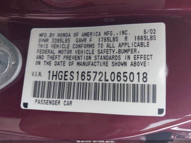 Aukcja sprzedaży 2002 Honda Civic Lx, vin: 1HGES16572L065018, numer aukcji: 46114763