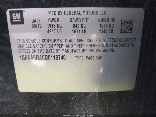 2013 Cadillac Ats Standard მანქანა იყიდება აუქციონზე, vin: 1G6AA5RA0D0118746, აუქციონის ნომერი: 46114773