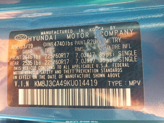 46114774 :رقم المزاد ، KM8J3CA49KU014419 vin ، 2019 Hyundai Tucson Value مزاد بيع
