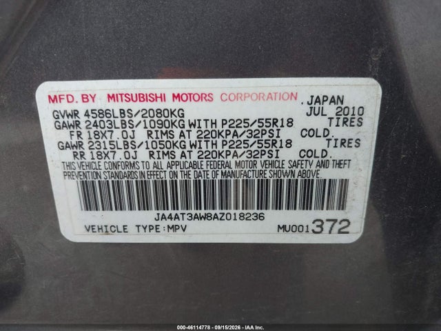 Продажа на аукционе авто 2010 Mitsubishi Outlander Se, vin: JA4AT3AW8AZ018236, номер лота: 46114778