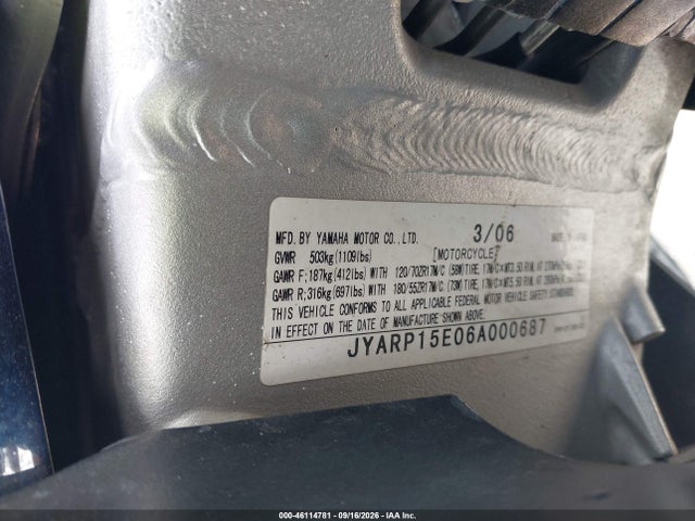 Aukcja sprzedaży 2006 Yamaha Fjr1300, vin: JYARP15E06A000687, numer aukcji: 46114781