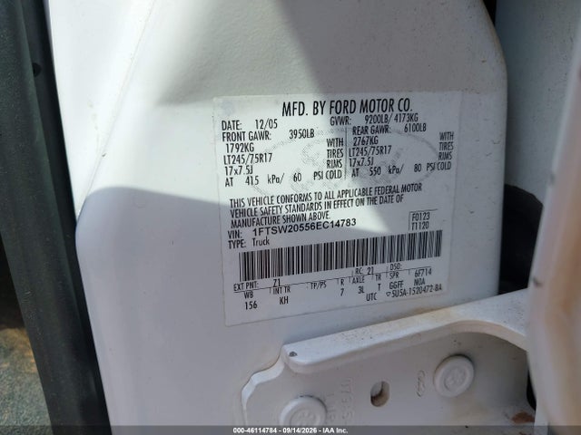46114784 :رقم المزاد ، 1FTSW20556EC14783 vin ، 2006 Ford F-250 Lariat/xl/xlt مزاد بيع