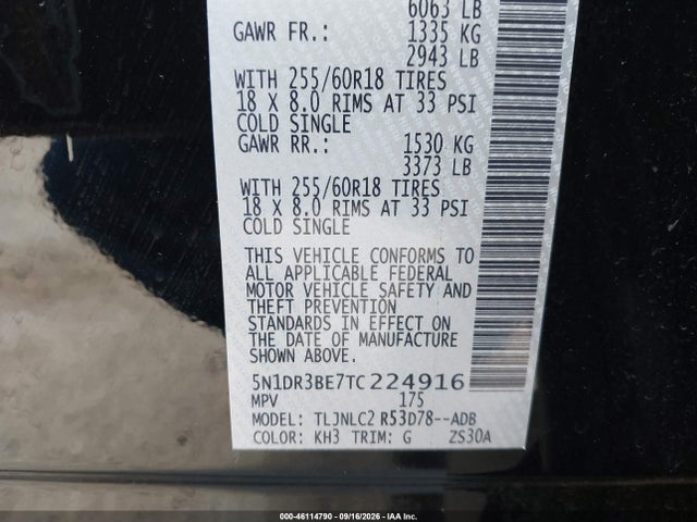 Продаж на аукціоні авто 2026 Nissan Pathfinder Sv, vin: 5N1DR3BE7TC224916, номер лоту: 46114790