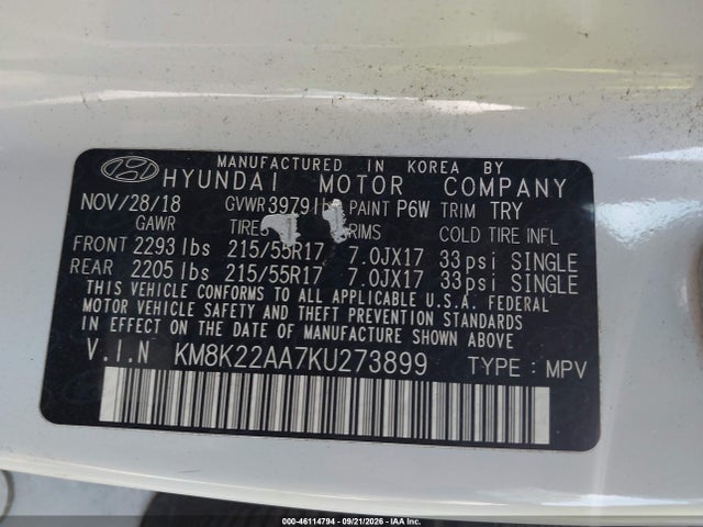 Aukcja sprzedaży 2019 Hyundai Kona Sel, vin: KM8K22AA7KU273899, numer aukcji: 46114794