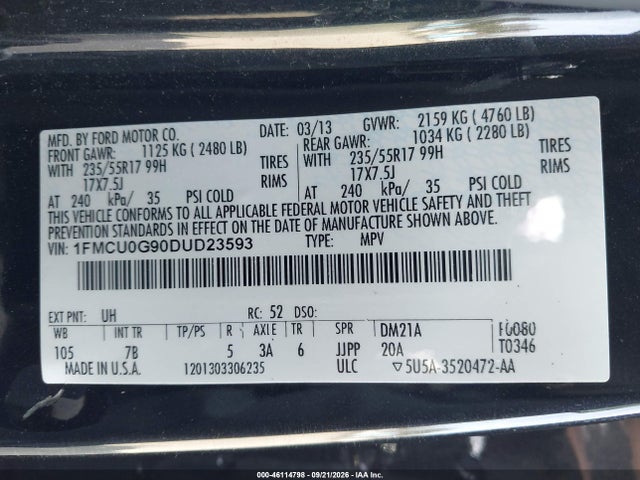 Aukcja sprzedaży 2013 Ford Escape Se, vin: 1FMCU0G90DUD23593, numer aukcji: 46114798