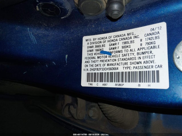 2012 Honda Civic Lx მანქანა იყიდება აუქციონზე, vin: 2HGFB2F53CH560664, აუქციონის ნომერი: 46114799