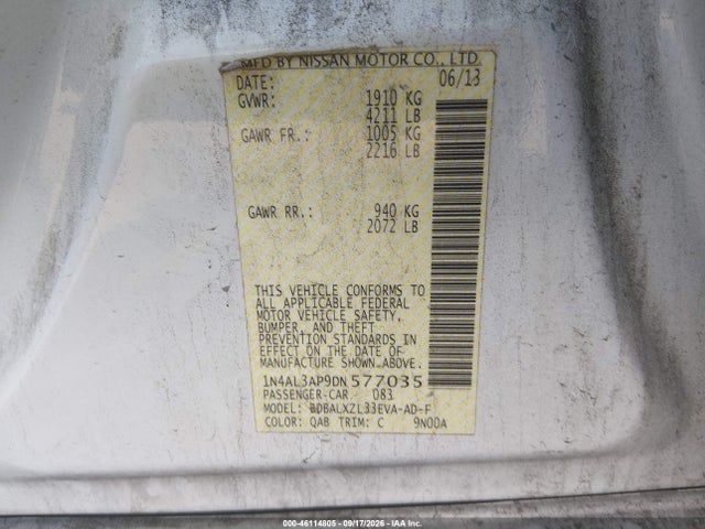 46114805 :رقم المزاد ، 1N4AL3AP9DN577035 vin ، 2013 Nissan Altima 2.5 Sl مزاد بيع
