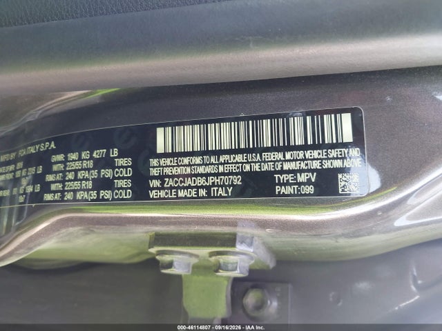Продаж на аукціоні авто 2018 Jeep Renegade Limited Fwd, vin: ZACCJADB6JPH70792, номер лоту: 46114807