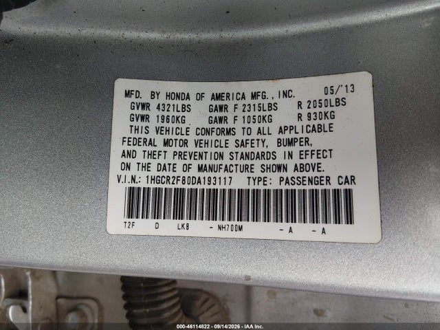 46114822 :رقم المزاد ، 1HGCR2F80DA193117 vin ، 2013 Honda Accord Ex-l مزاد بيع