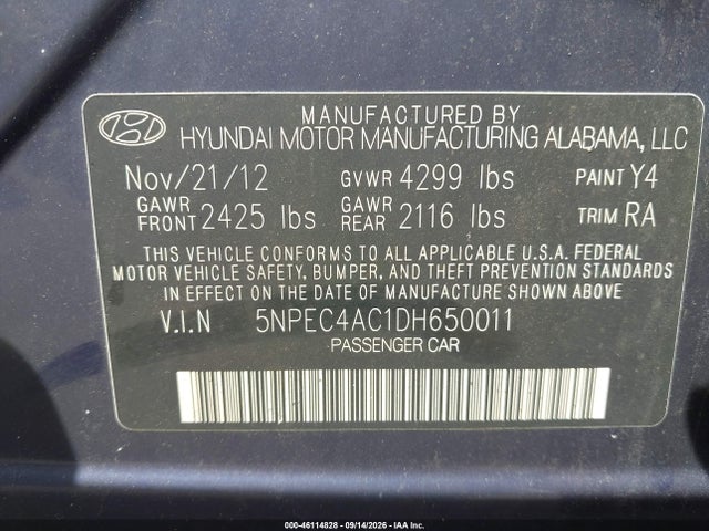 2013 Hyundai Sonata Se მანქანა იყიდება აუქციონზე, vin: 5NPEC4AC1DH650011, აუქციონის ნომერი: 46114828