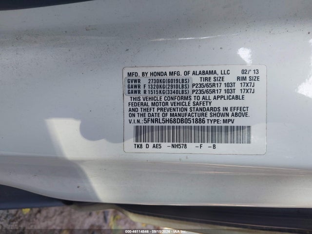 Продаж на аукціоні авто 2013 Honda Odyssey Ex-l, vin: 5FNRL5H68DB051886, номер лоту: 46114846