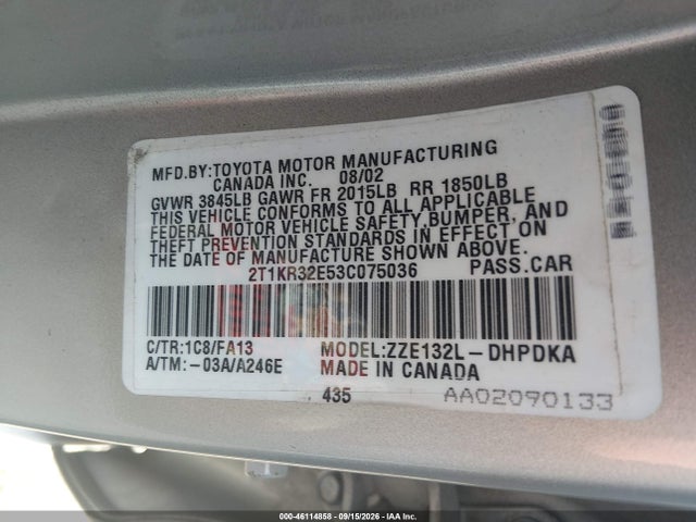 Aukcja sprzedaży 2003 Toyota Matrix Standard, vin: 2T1KR32E53C075036, numer aukcji: 46114858
