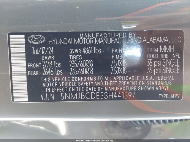 Aukcja sprzedaży 2025 Hyundai Tucson Sel, vin: 5NMJBCDE5SH441597, numer aukcji: 46114864